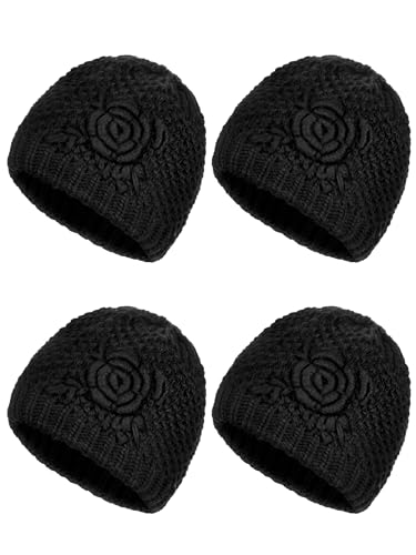 Bencailor 4 Pcs Winter Hats for Women Floral Knitted Beanie Warm Ladies Caps Flannelette Lined Middle Aged and Old Women - color: Black