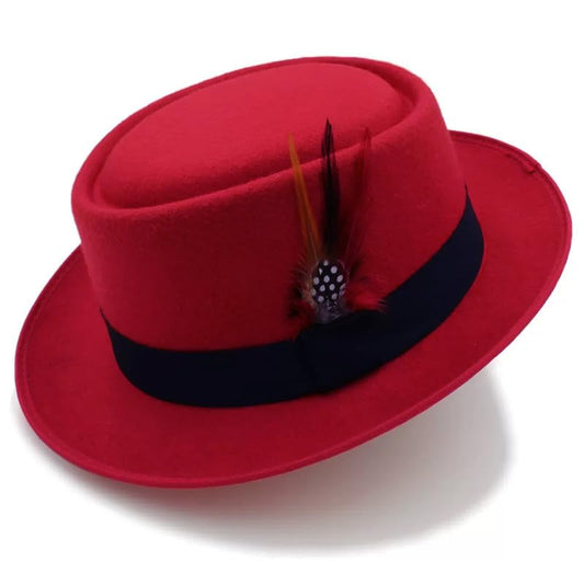 Classic Pork Pie Hat with Feathers Flat Top Fedora, Vintage Panama Hats, Warm Comfortable Jazz Cap - color: Red