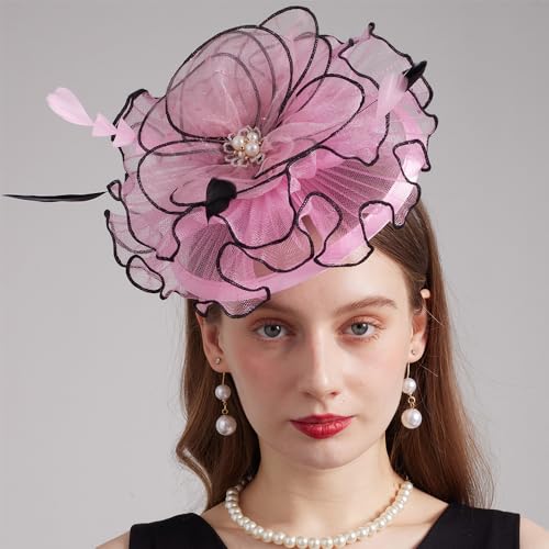 Kentucky Organza Derby Top Hats for Women Sun Visor Cap Ladies Flowers Bride Weeding Fascinators Wide Brim Fedoras - color: Pink