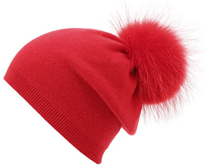 Women's Double Layer Winter Slouchy Knit Beanie Hat with Real Fur Pom Pom - color: Red Pom