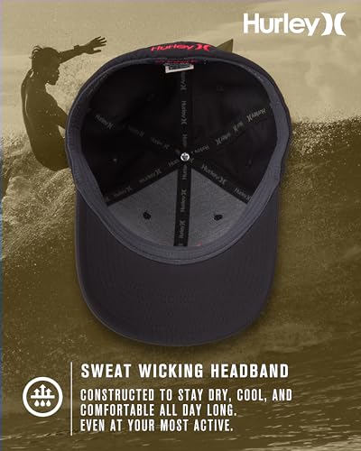 Hurley Mens Baseball Cap Curved Brim Moisture Wicking Flexfit Fitted Hats - color: Black/Red, size: Large-X-Large