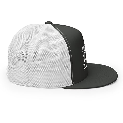 Show Me Your Butthole Premium Trucker Hat Flat Bill High Crown Adjustable Funny Cap - color: Charcoal/ White