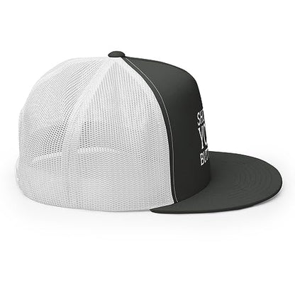 Show Me Your Butthole Premium Trucker Hat Flat Bill High Crown Adjustable Funny Cap - color: Charcoal/ White