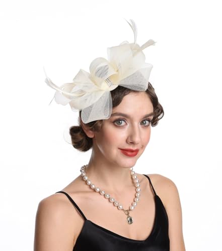 SAFERIN Elegant Women's Fascinator Hat with Veil and Feather Hair Clip Headpiece for Weddings Tea Party - color: St09-cream