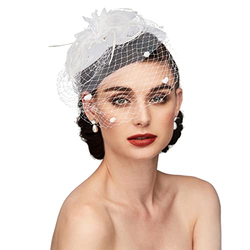 Tea Party Hat Fascinators Hats for Women Vintage Lace Mesh Floral Feather Hair Clip Headband with Veil for Church Wedding - color: White
