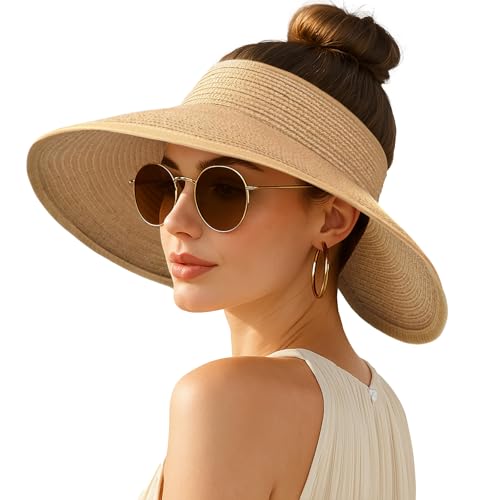 Women's Sun Visor Hats Wide Brim Straw Beach Hat Ponytail Hats for Women Foldable Floppy - color: 1pack-khaki-coolingsleeves
