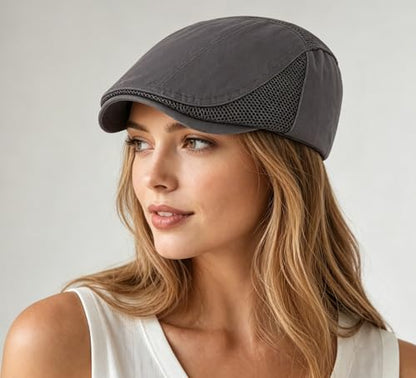 DIYDECAL Mens Cotton Mesh Newsboy Cap Flat Ivy Gatsby Hat Summer Driving Cabbie Cap - color: Grey