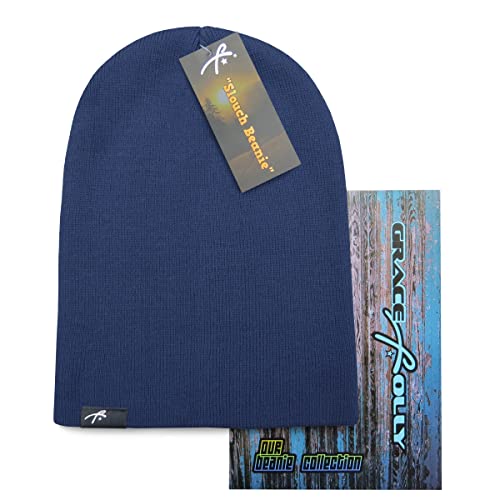 Grace Folly Slouchy Beanie for Men & Women, Cuffed Acrylic Knit Winter Hat - color: Dark Blue