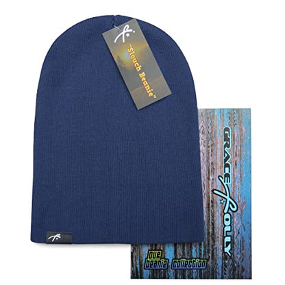 Grace Folly Slouchy Beanie for Men & Women, Cuffed Acrylic Knit Winter Hat - color: Dark Blue