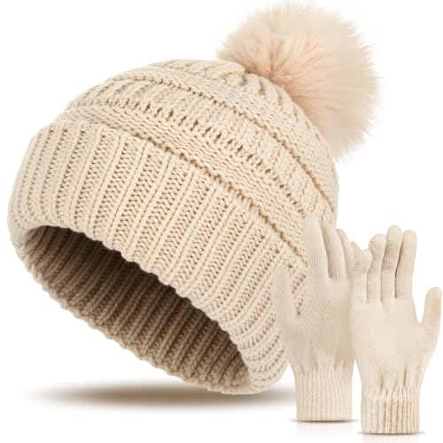 Women's Knitted Beanie Hat Gloves Set Winter Pom Pom Cable Knit Hat with Warm Stretchy Gloves for Women - color: Beige