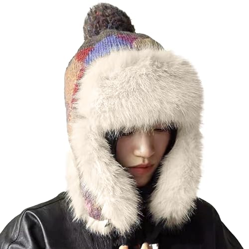 Women Winter Beanie Hat Thick Fleece Lined Warm Earflap Trapper Hat Pom Pom Jacquard Knited Outdoor Ski Snow Cap - color: Purple Red