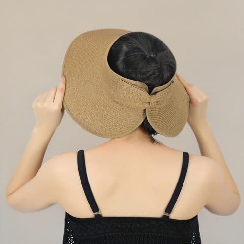 HDE Sun Visor for Women Roll Up Packable Ponytail Beach Sun Hat with Bow - color: Brown