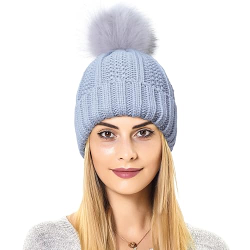Womens Winter Beanie Hat, Satin Lined Women Hat Faux Fur Pom Pom Beanies Women Warm Knit Hats Warm Cap - color: Light Gray