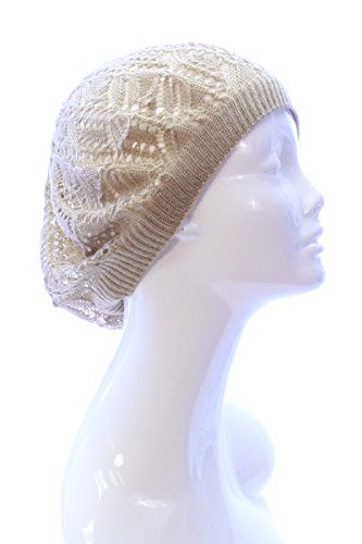 an Womens Lightweight Cut Out Knit Beanie Beret Cap Crochet Hat - Many Styles - color: Beige Leaf