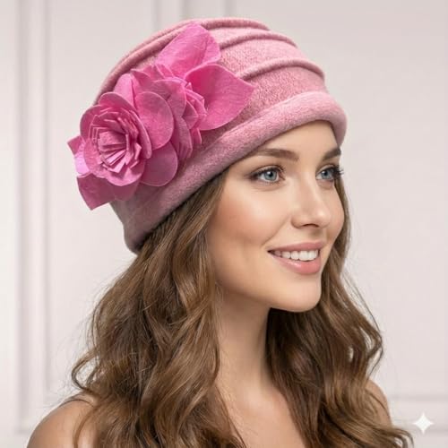 Women's Wool Dress Church Cloche Hat Bucket Winter Floral Hat - color: Floral-pink