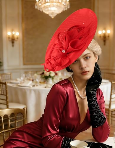 Unpifolov Fascinators Hats Elegant Women Flower Mesh Feathers Wedding Cocktail Bride Headband for Derby Hat Tea Party - color: Red