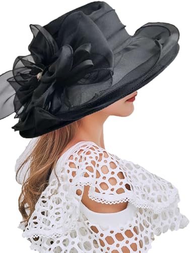 Organza Fascinator Hat - Women’s Wide Brim Church Bridal Tea Party Wedding Hat - color: 02a-black