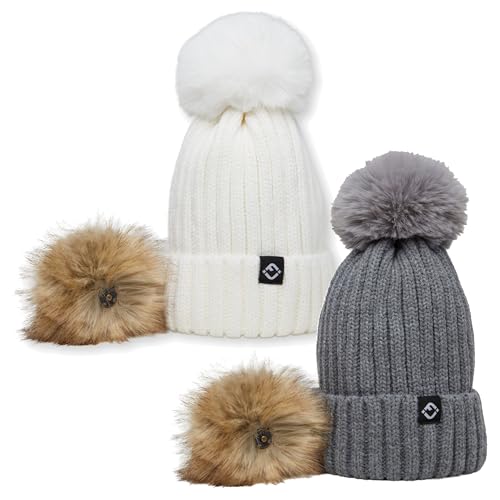 Funky Junque Women’s Winter Detachable Pom Beanie – Warm Knit Hat with Removable Faux Fur Pom, Soft Stretch Acrylic Cozy Cap - color: 2 Pack - Ivory & Charcoal
