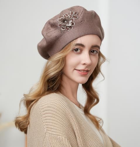 Flower Embroidery Beret Hat for Women, French Style Knitted Beret Hats, Stylish Solid Color Beret Cap for Women Girls Lady - color: Khaki