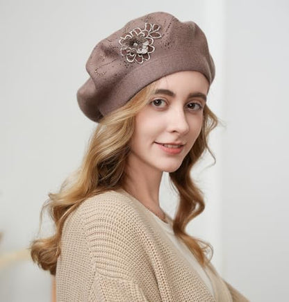 Flower Embroidery Beret Hat for Women, French Style Knitted Beret Hats, Stylish Solid Color Beret Cap for Women Girls Lady - color: Khaki