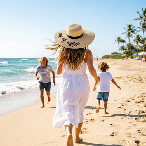 DRESHOW Big Straw Sun Hats for Women Floppy Foldable Roll up Beach Cap Sun Hat UPF 50+ Vacation Honeymoon Embroidered Hat - color: Ae Out of Office: Beige