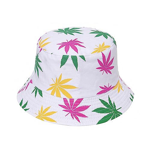 Punk Black Green Red Leaf Weed Fisherman Caps Bucket Hats Hip Hop Gorro Outdoor Men - color: White Rainbow