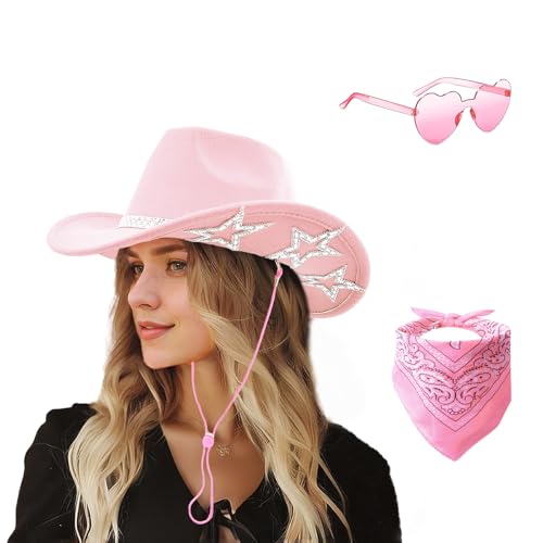 SHENYI Cowgirl Hat and Bandana and Heart Sunglasses Glitter Rhinestone Star Cowboy Hat Western Sparkly Hats for Women Men - color: Pink