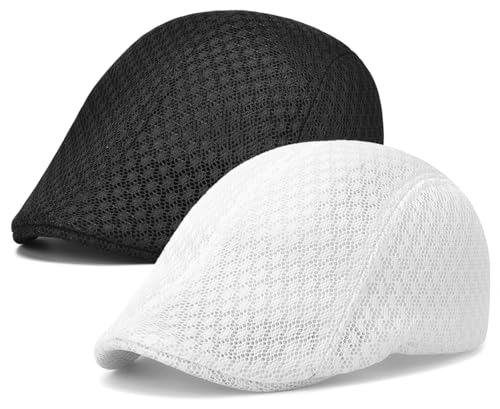 2 Pack Teenagers' Mesh Cap Breathable Summer Newsboy Hat Adjustable Beret Ivy Cap Irish Riding Hiking Hats - color: Black/White