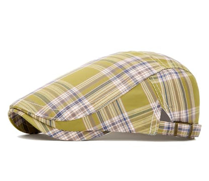 Quanhaigou Unisex Denim Newsboy Hats Flat Ivy Gatsby Cabbie Driving Berets Hat Cotton Dad Cap for Men Women - color: Yellow Green Plaid