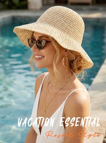 Straw Beach Hats for Women Summer Wide Brim Floppy Packable Foldable Bucket Sun Hat Travel Vacation UV Protection - color: Beige