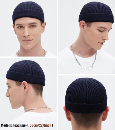 Wool Fisherman Beanie for Men Wome, Thin Knit Winter Hats Skull Cap - color: Navy Blue