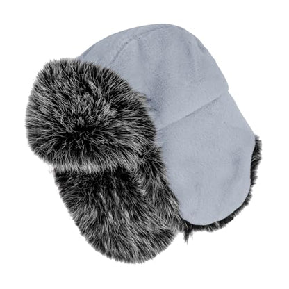 PURFUN Fuzzy Faux Fur Ushanka Russian Hat for Men Women, Winter Plush Full Hood Earflap Cap Cycling Ski Hunting Trapper Hat - color: Grey