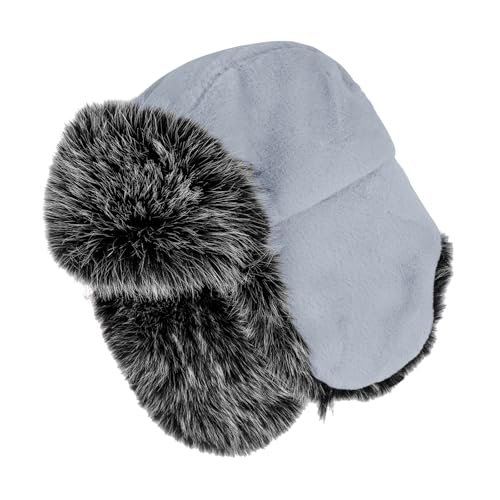 Winter Fuzzy Knit Trapper Hat with Faux Fur Earflap Fleece Lined Windproof Russian Ushanka Cap Ski Snow Hunting Hat - color: Fleece-gray