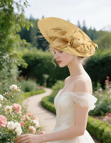 Unpifolov Fascinators Hats Elegant Women Flower Mesh Feathers Wedding Cocktail Bride Headband for Derby Hat Tea Party - color: Khaki