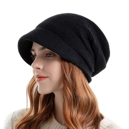 Women Fleece Lined Knitted Hat with Visor Brim, Winter Slouchy Cable Knit Beanie Newsboy Cap for Cold Weather - color: Black