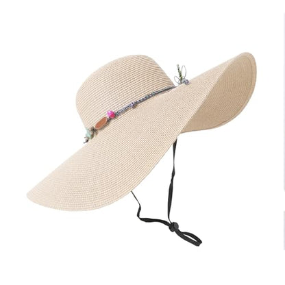 Lanzom Womens Wide Brim Straw Hat Big Floppy Foldable Roll up Cap Beach Sun Hat UPF 50+ - color: Rainbow Bead-beige