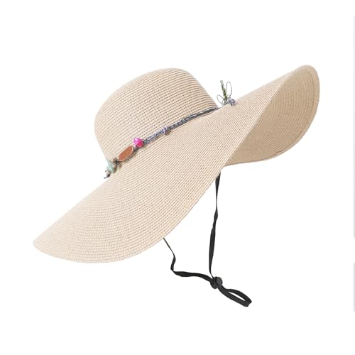 Lanzom Womens Wide Brim Straw Hat Big Floppy Foldable Roll up Cap Beach Sun Hat UPF 50+ - color: Rainbow Bead-beige
