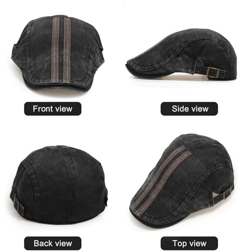 Initlove Mens Newsboy Cap Washed Beret Ivy Hat Flat Hats for Cabbie Driving - color: B Black