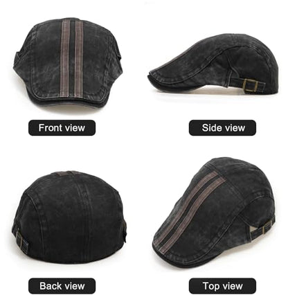 Initlove Mens Newsboy Cap Washed Beret Ivy Hat Flat Hats for Cabbie Driving - color: B Black