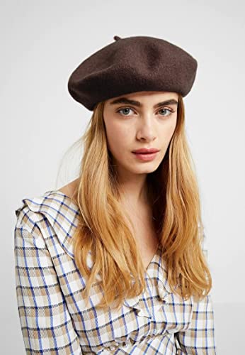 Women French Wool Beret Hats - Solid Color Classic Beanie Winter Cap - color: Brown