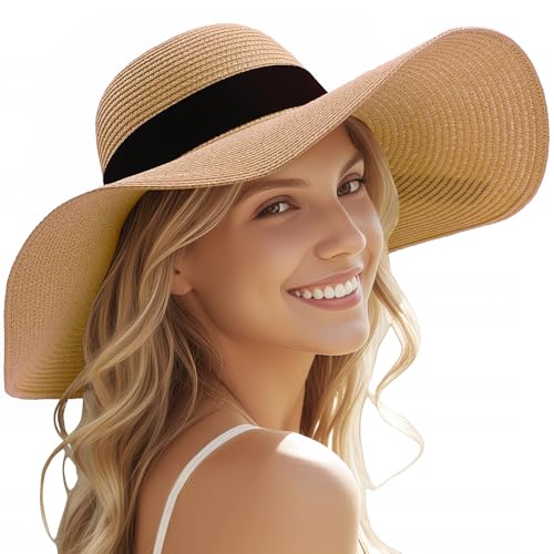 Tavaleu Sun Beach Hats for Women Wide Brim Straw Hats Foldable Summer Hat - color: 14cm-khaki