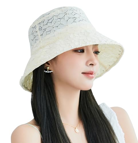 Summer Hats Women 2026 Fashionable Wide Brim Bucket Hat Lace Sunhat Slouchy - color: Beige