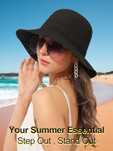 Womens Sun Hat Handmade Foldable Straw Bucket Hat Summer Crochet Travel Cap - color: Black, size: Small
