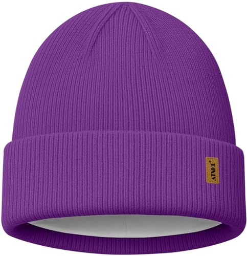 ATNKE Beanie for Men Women, Soft Warm Fleece Lined Winter Ski Beanies Hat Unisex Thick Stocking Knit Cuffed Skull Cap - color: #Inner Purple