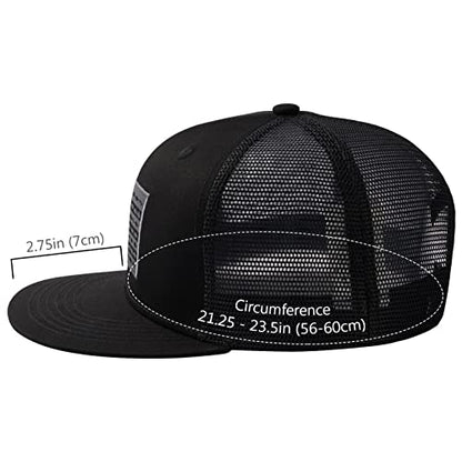 BASSDASH Flat Brim Trucker Cap Adjustable Snapback Hat Mesh Back for Men Women - color: Black/Fish Flag
