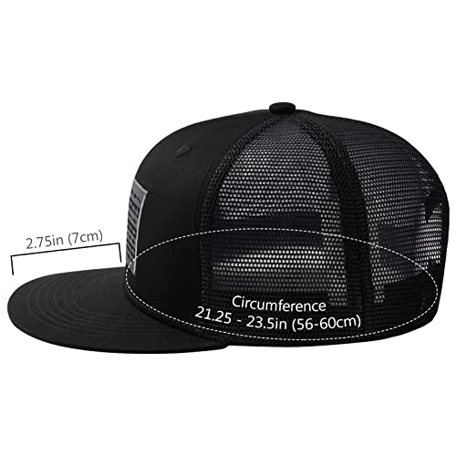 BASSDASH Flat Brim Trucker Cap Adjustable Snapback Hat Mesh Back for Men Women - color: Black/Fish Flag