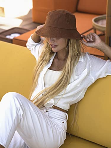 FURTALK Bucket Hats for Women Washed Cotton Packable Summer Beach Sun Hats Bucket Hat with Strings for Travel - color: Dark Orange