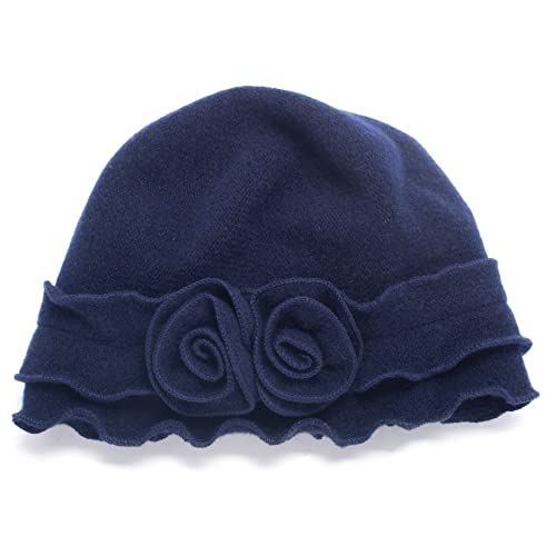 Womens Gatsby 1920s Winter Wool Cap Beret Beanie Crochet Bucket Flower Hat A285 - color: Navy Blue