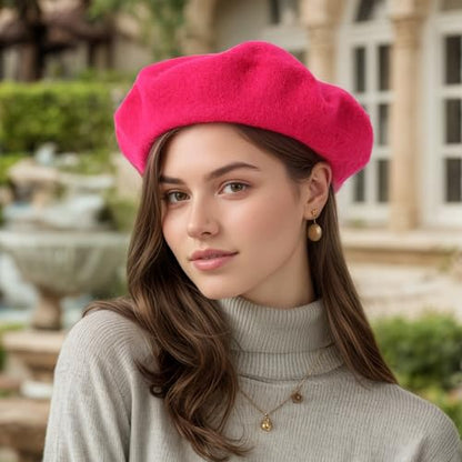 Women's Wool Beret: 70% Wool French Hat for Daily, Lightweight & Chic Berets for Women - color: Rose Red