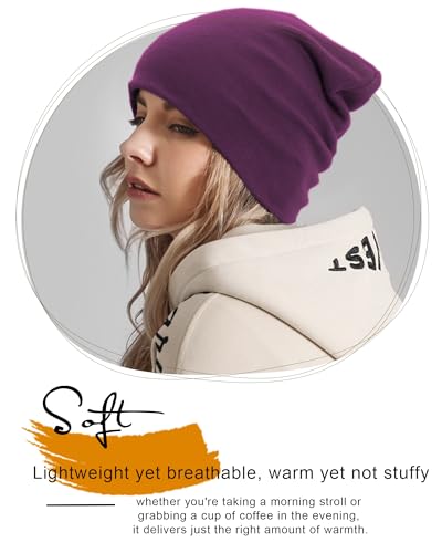 Thin 100% Cotton Fine-Knit Beanie Hat Slouchy Soft Chemo Skull Cap - color: 1-purple